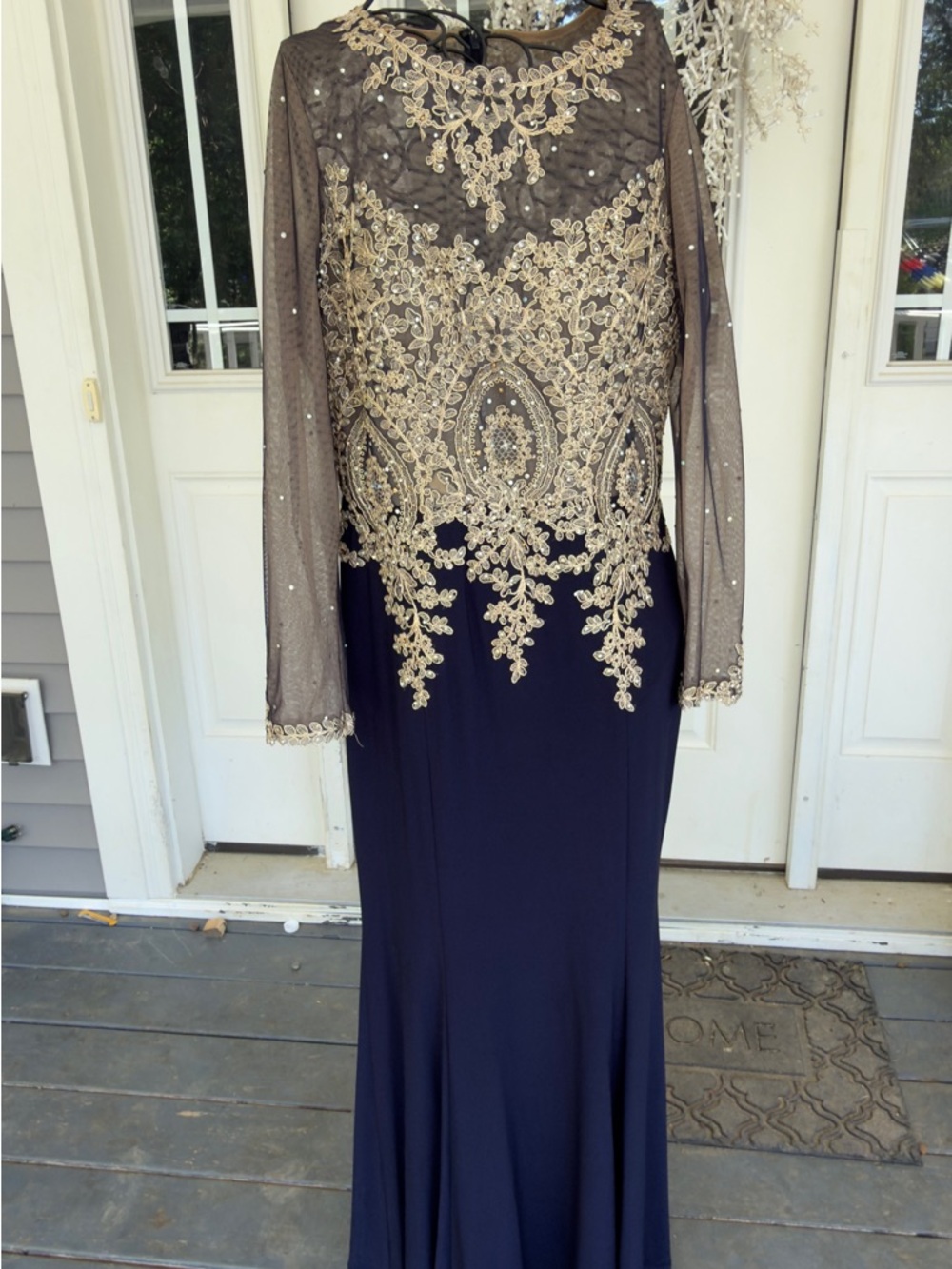 Xscape Navy Gown with Gold Embroidered Bodice